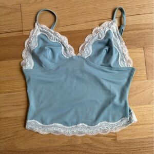 Elegant Blue Lace Trim Women's cropped top.